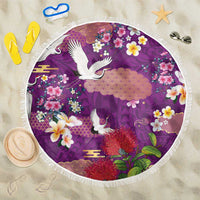 Hawaiian and Japanese Culture Together Beach Blanket Purple Ohia Lehua Plumeria and Sakura Blooming LT03 One Size 150cm Purple - Polynesian Pride