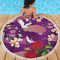 Hawaiian and Japanese Culture Together Beach Blanket Purple Ohia Lehua Plumeria and Sakura Blooming LT03 - Polynesian Pride