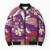 Hawaiian and Japanese Culture Together Bomber Puffer Jacket Purple Ohia Lehua Plumeria and Sakura Blooming LT03 Unisex Purple - Polynesian Pride