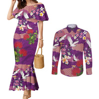Hawaiian and Japanese Culture Together Couples Matching Mermaid Dress and Long Sleeve Button Shirt Purple Ohia Lehua Plumeria and Sakura Blooming LT03 Purple - Polynesian Pride