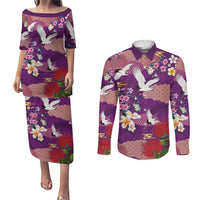 Hawaiian and Japanese Culture Together Couples Matching Puletasi and Long Sleeve Button Shirt Purple Ohia Lehua Plumeria and Sakura Blooming LT03 Purple - Polynesian Pride
