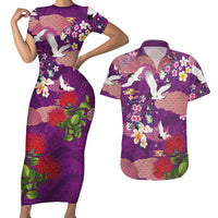 Hawaiian and Japanese Culture Together Couples Matching Short Sleeve Bodycon Dress and Hawaiian Shirt Purple Ohia Lehua Plumeria and Sakura Blooming LT03 Purple - Polynesian Pride