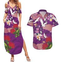Hawaiian and Japanese Culture Together Couples Matching Summer Maxi Dress and Hawaiian Shirt Purple Ohia Lehua Plumeria and Sakura Blooming LT03 Purple - Polynesian Pride
