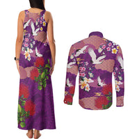 Hawaiian and Japanese Culture Together Couples Matching Tank Maxi Dress and Long Sleeve Button Shirt Purple Ohia Lehua Plumeria and Sakura Blooming LT03 - Polynesian Pride