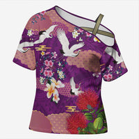 Hawaiian and Japanese Culture Together Cross Shoulder Shirt Purple Ohia Lehua Plumeria and Sakura Blooming LT03 Female Purple - Polynesian Pride