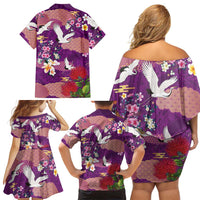 Hawaiian and Japanese Culture Together Family Matching Off Shoulder Short Dress and Hawaiian Shirt Purple Ohia Lehua Plumeria and Sakura Blooming LT03 - Polynesian Pride