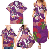 Hawaiian and Japanese Culture Together Family Matching Summer Maxi Dress and Hawaiian Shirt Purple Ohia Lehua Plumeria and Sakura Blooming LT03 - Polynesian Pride