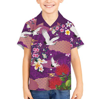 Hawaiian and Japanese Culture Together Kid Hawaiian Shirt Purple Ohia Lehua Plumeria and Sakura Blooming LT03 Kid Purple - Polynesian Pride