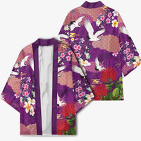 Hawaiian and Japanese Culture Together Kimono Purple Ohia Lehua Plumeria and Sakura Blooming LT03 - Polynesian Pride