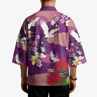 Hawaiian and Japanese Culture Together Kimono Purple Ohia Lehua Plumeria and Sakura Blooming LT03 - Polynesian Pride