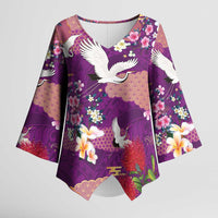 Hawaiian and Japanese Culture Together Kimono Sleeve Blouse Purple Ohia Lehua Plumeria and Sakura Blooming LT03 Female Purple - Polynesian Pride