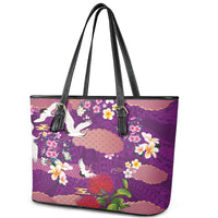 Hawaiian and Japanese Culture Together Leather Tote Bag Purple Ohia Lehua Plumeria and Sakura Blooming LT03 - Polynesian Pride