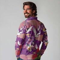 Hawaiian and Japanese Culture Together Long Sleeve Polo Shirt Purple Ohia Lehua Plumeria and Sakura Blooming LT03 - Polynesian Pride