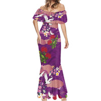 Hawaiian and Japanese Culture Together Mermaid Dress Purple Ohia Lehua Plumeria and Sakura Blooming LT03 - Polynesian Pride