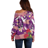 Hawaiian and Japanese Culture Together Off Shoulder Sweater Purple Ohia Lehua Plumeria and Sakura Blooming LT03 - Polynesian Pride