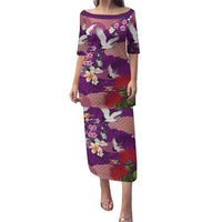 Hawaiian and Japanese Culture Together Puletasi Purple Ohia Lehua Plumeria and Sakura Blooming LT03 Long Dress Purple - Polynesian Pride
