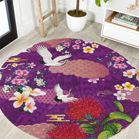 Hawaiian and Japanese Culture Together Round Carpet Purple Ohia Lehua Plumeria and Sakura Blooming LT03 Purple - Polynesian Pride