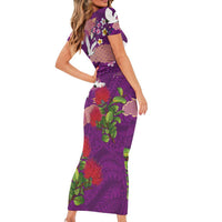 Hawaiian and Japanese Culture Together Short Sleeve Bodycon Dress Purple Ohia Lehua Plumeria and Sakura Blooming LT03 - Polynesian Pride