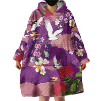 Hawaiian and Japanese Culture Together Wearable Blanket Hoodie Purple Ohia Lehua Plumeria and Sakura Blooming LT03 - Polynesian Pride