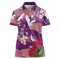 Hawaiian and Japanese Culture Together Women Polo Shirt Purple Ohia Lehua Plumeria and Sakura Blooming LT03 Female Purple - Polynesian Pride