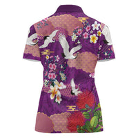 Hawaiian and Japanese Culture Together Women Polo Shirt Purple Ohia Lehua Plumeria and Sakura Blooming LT03 - Polynesian Pride