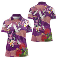 Hawaiian and Japanese Culture Together Women Polo Shirt Purple Ohia Lehua Plumeria and Sakura Blooming LT03 - Polynesian Pride