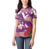 Hawaiian and Japanese Culture Together Women Polo Shirt Purple Ohia Lehua Plumeria and Sakura Blooming LT03 - Polynesian Pride