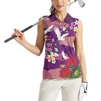 Hawaiian and Japanese Culture Together Women Sleeveless Polo Shirt Purple Ohia Lehua Plumeria and Sakura Blooming LT03 - Polynesian Pride