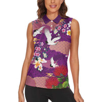Hawaiian and Japanese Culture Together Women Sleeveless Polo Shirt Purple Ohia Lehua Plumeria and Sakura Blooming LT03 - Polynesian Pride