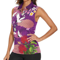 Hawaiian and Japanese Culture Together Women Sleeveless Polo Shirt Purple Ohia Lehua Plumeria and Sakura Blooming LT03 - Polynesian Pride