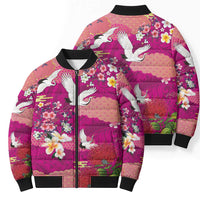 Hawaiian and Japanese Culture Together Bomber Puffer Jacket Pink Ohia Lehua Plumeria and Sakura Blooming LT03 - Polynesian Pride