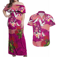 Hawaiian and Japanese Culture Together Couples Matching Off Shoulder Maxi Dress and Hawaiian Shirt Pink Ohia Lehua Plumeria and Sakura Blooming LT03 Pink - Polynesian Pride