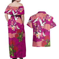 Hawaiian and Japanese Culture Together Couples Matching Off Shoulder Maxi Dress and Hawaiian Shirt Pink Ohia Lehua Plumeria and Sakura Blooming LT03 - Polynesian Pride