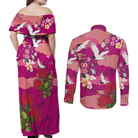 Hawaiian and Japanese Culture Together Couples Matching Off Shoulder Maxi Dress and Long Sleeve Button Shirt Pink Ohia Lehua Plumeria and Sakura Blooming LT03 - Polynesian Pride