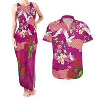 Hawaiian and Japanese Culture Together Couples Matching Tank Maxi Dress and Hawaiian Shirt Pink Ohia Lehua Plumeria and Sakura Blooming LT03 Pink - Polynesian Pride