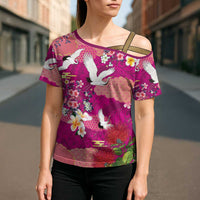 Hawaiian and Japanese Culture Together Cross Shoulder Shirt Pink Ohia Lehua Plumeria and Sakura Blooming LT03 - Polynesian Pride