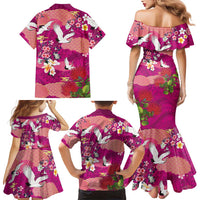 Hawaiian and Japanese Culture Together Family Matching Mermaid Dress and Hawaiian Shirt Pink Ohia Lehua Plumeria and Sakura Blooming LT03 - Polynesian Pride