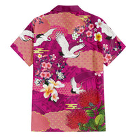 Hawaiian and Japanese Culture Together Family Matching Off Shoulder Maxi Dress and Hawaiian Shirt Pink Ohia Lehua Plumeria and Sakura Blooming LT03 - Polynesian Pride