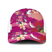 Hawaiian and Japanese Culture Together Mesh Trucker Cap Pink Ohia Lehua Plumeria and Sakura Blooming LT03 One Size White Pink - Polynesian Pride