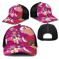 Hawaiian and Japanese Culture Together Mesh Trucker Cap Pink Ohia Lehua Plumeria and Sakura Blooming LT03 - Polynesian Pride