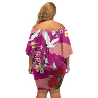 Hawaiian and Japanese Culture Together Off Shoulder Short Dress Pink Ohia Lehua Plumeria and Sakura Blooming LT03 - Polynesian Pride