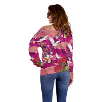 Hawaiian and Japanese Culture Together Off Shoulder Sweater Pink Ohia Lehua Plumeria and Sakura Blooming LT03 - Polynesian Pride