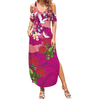Hawaiian and Japanese Culture Together Summer Maxi Dress Pink Ohia Lehua Plumeria and Sakura Blooming LT03 Women Pink - Polynesian Pride