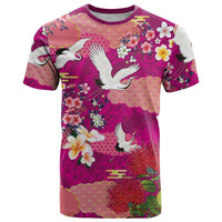 Hawaiian and Japanese Culture Together T Shirt Pink Ohia Lehua Plumeria and Sakura Blooming LT03 Pink - Polynesian Pride