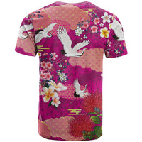 Hawaiian and Japanese Culture Together T Shirt Pink Ohia Lehua Plumeria and Sakura Blooming LT03 - Polynesian Pride