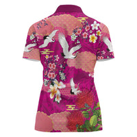 Hawaiian and Japanese Culture Together Women Polo Shirt Pink Ohia Lehua Plumeria and Sakura Blooming - Polynesian Pride