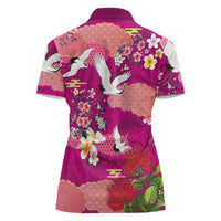 Hawaiian and Japanese Culture Together Women Polo Shirt Pink Ohia Lehua Plumeria and Sakura Blooming LT03 - Polynesian Pride