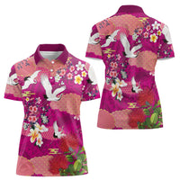 Hawaiian and Japanese Culture Together Women Polo Shirt Pink Ohia Lehua Plumeria and Sakura Blooming LT03 - Polynesian Pride