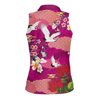 Hawaiian and Japanese Culture Together Women Sleeveless Polo Shirt Pink Ohia Lehua Plumeria and Sakura Blooming LT03 - Polynesian Pride