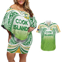 Custom Cook Islands Rugby League Couples Matching Off Shoulder Short Dress and Hawaiian Shirt Tatau Tribal Motifs-Light Green Color LT03 Green - Polynesian Pride